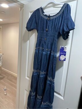 Indigo & Lace Navy Smocked Maxi Dress with Embroidered Trim
